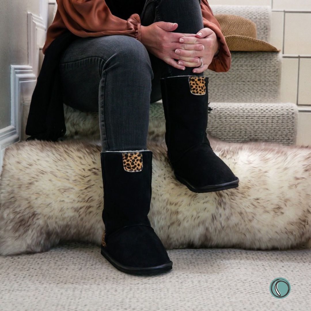 Hugg Boots | Mid-Calf | Black & Cheetah | Sheepskin & Suede Boots | MADE TO ORDER