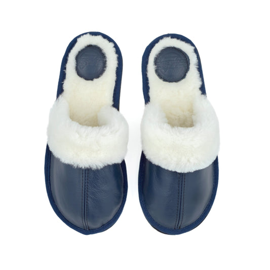 MADE TO ORDER | Mule | Navy Blue | Leather | Wool Collar