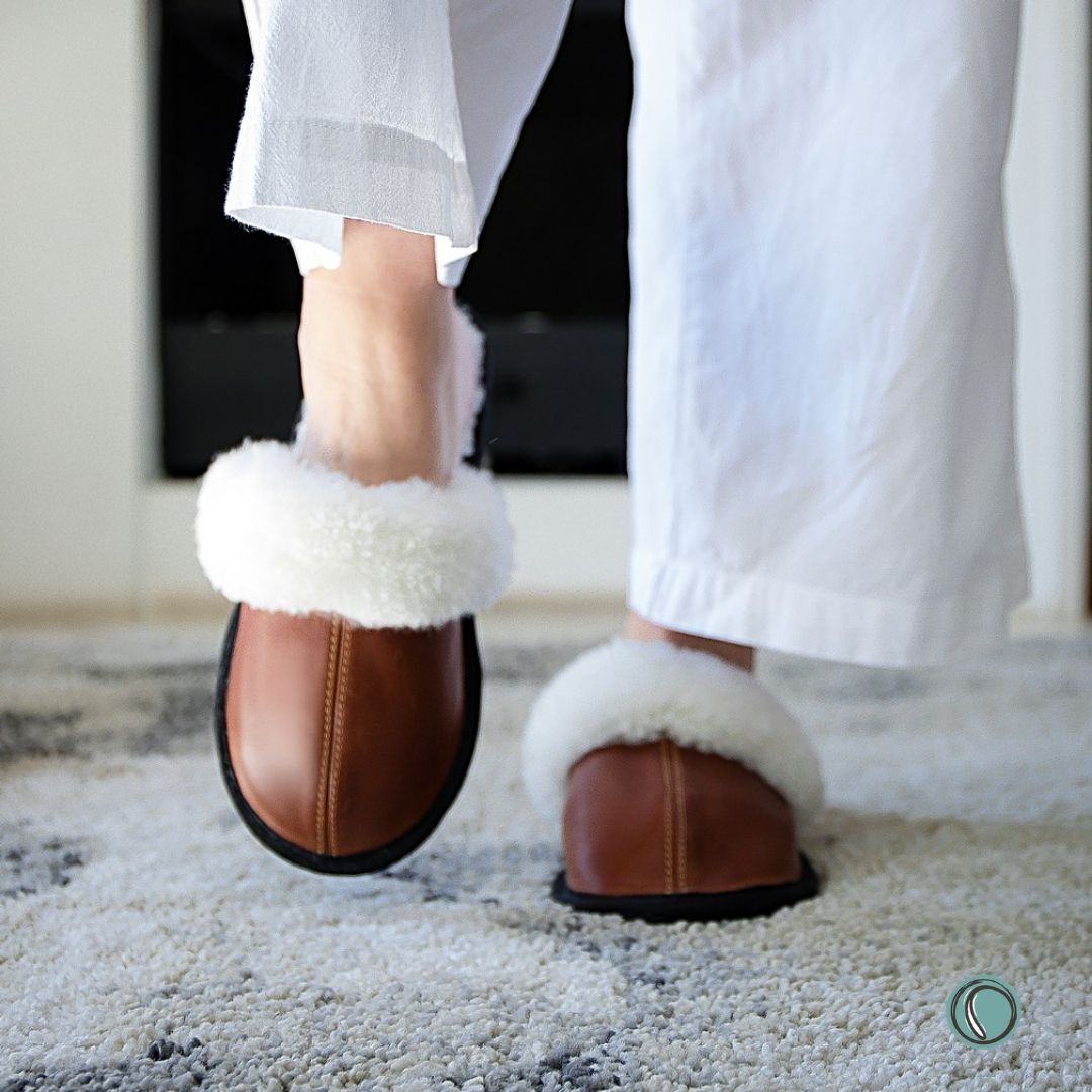 Mule Wool Collar Slippers | Slip-On | Gingerbread | Leather & Sheepskin | MADE TO ORDER