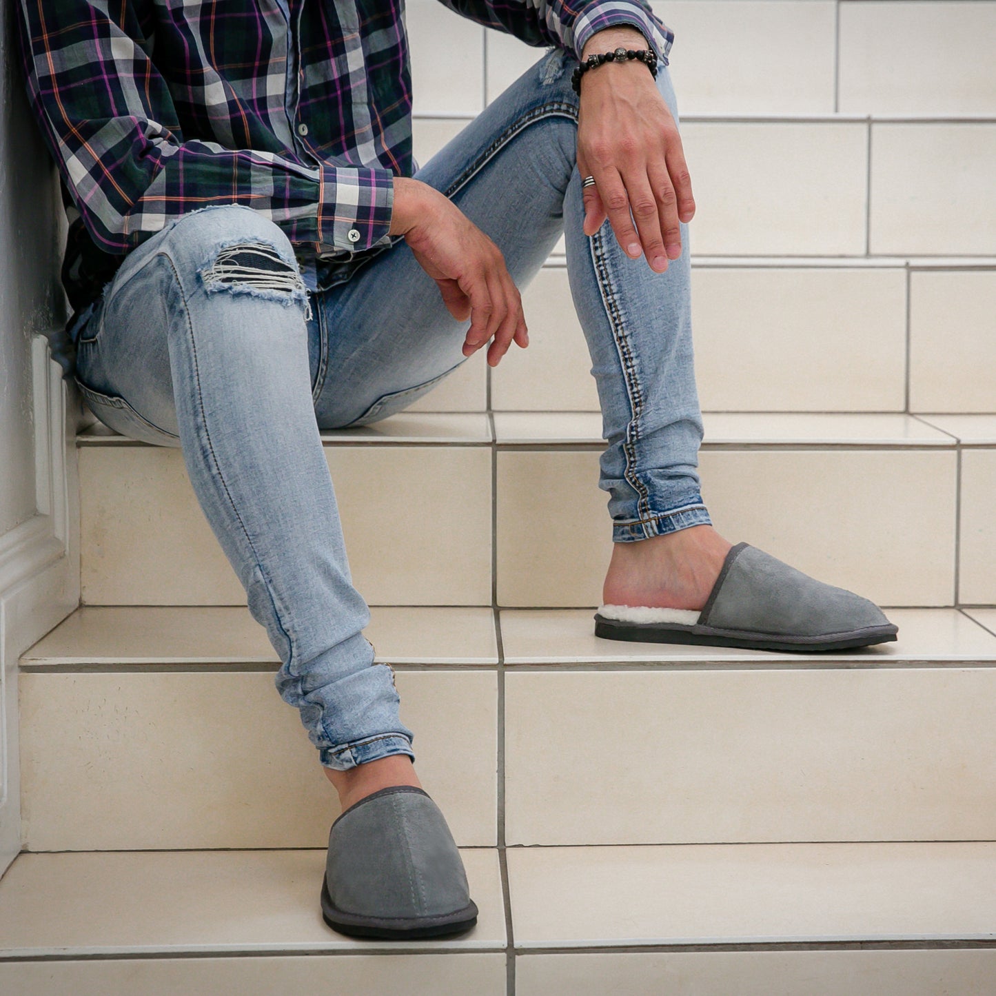 Mule Binding Collar Slippers | Slip-On | Charcoal | Suede & Sheepskin