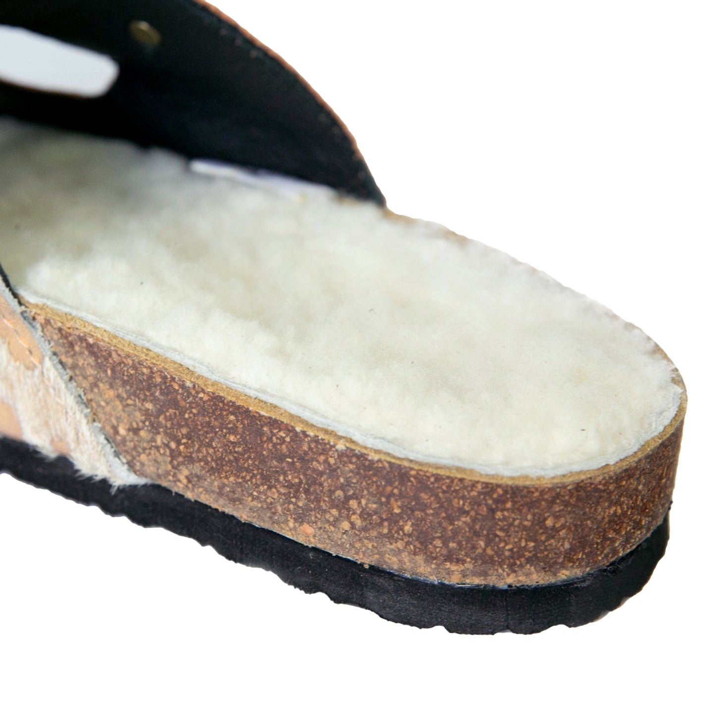 Flockie Sheepskin Slip-On Sandals | Metallic Gold | Sheepskin, Leather, Cork, Buckles | MADE TO ORDER