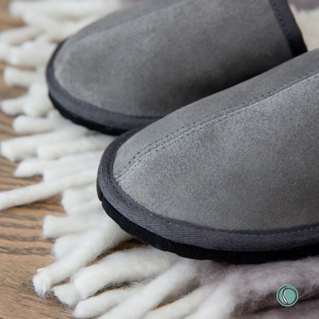 Mule Binding Collar Slippers | Slip-On | Charcoal | Suede & Sheepskin