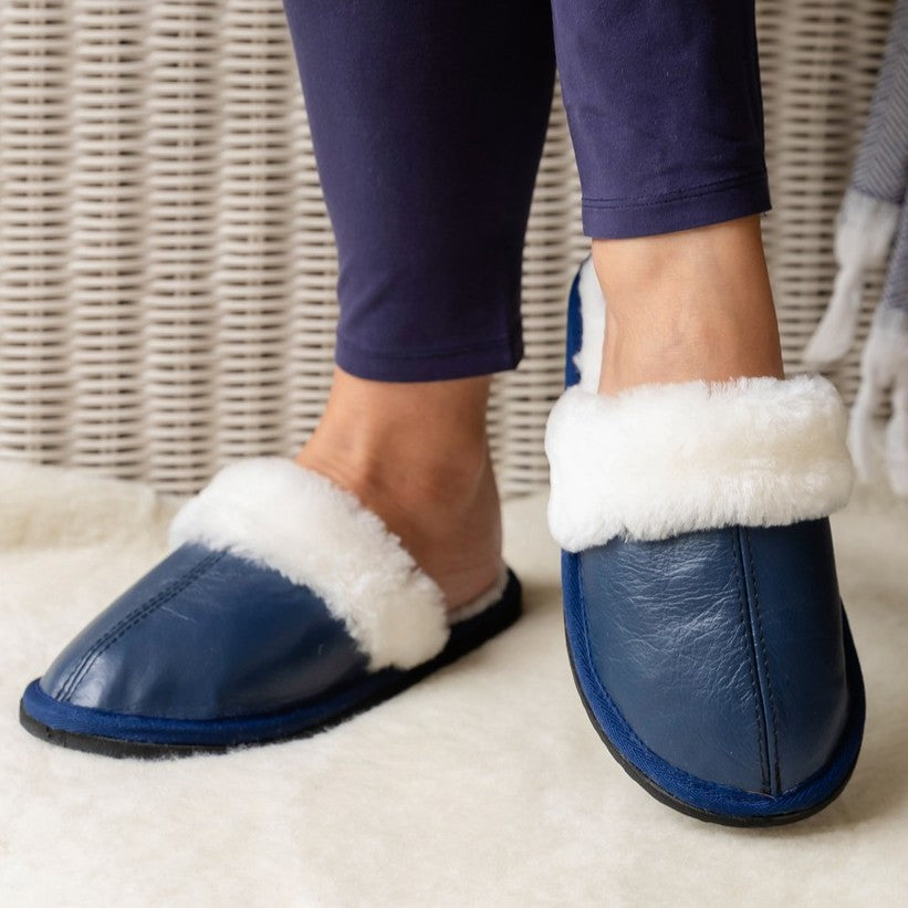 MADE TO ORDER | Mule | Navy Blue | Leather | Wool Collar