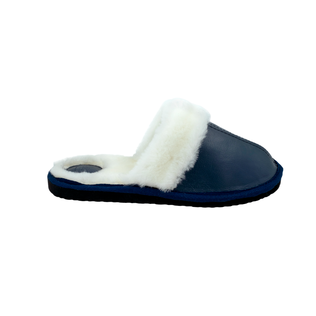MADE TO ORDER | Mule | Navy Blue | Leather | Wool Collar