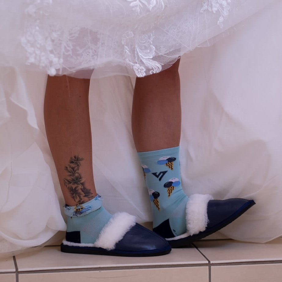 Sale | Size 4 & 7 | Mule Wool Collar Slippers | Slip-On | Navy Blue | Leather & Sheepskin