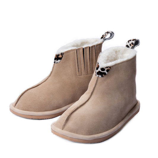Shushu Ankle Boots | Stone & Leopard | Sheepskin & Suede Boots