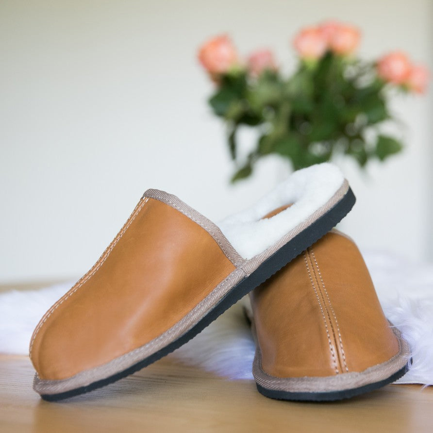 Mule Binding Collar Slippers | Slip-On | Toffee | Leather & Sheepskin