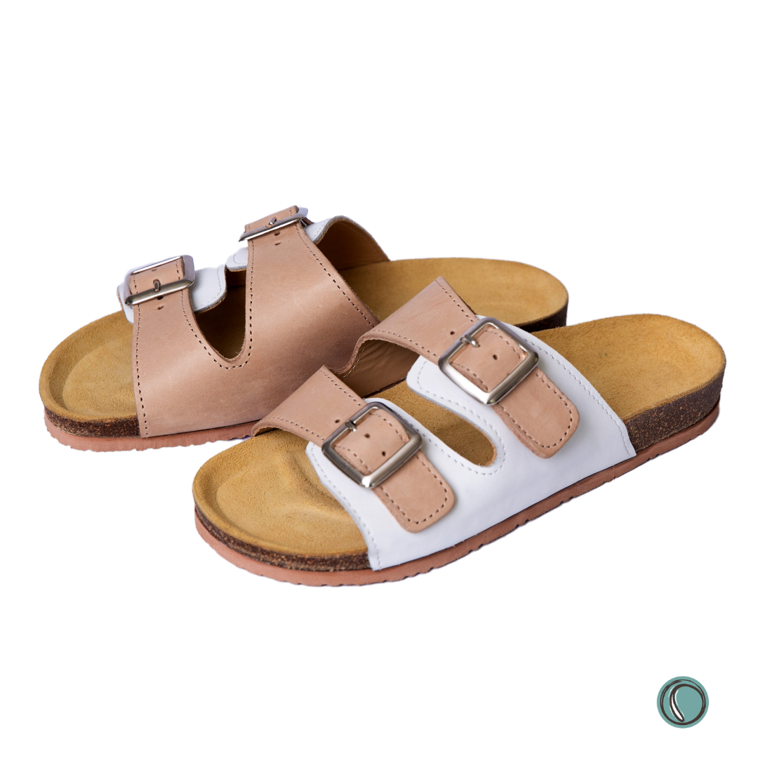 Kenton Sandals | Beigh & White | Slip-On | Leather, Cork, Buckles | Adjustable Straps | MADE TO ORDER