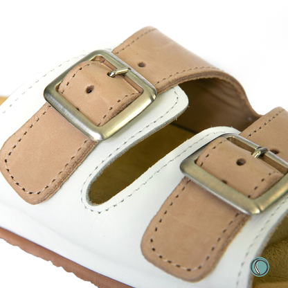 Kenton Sandals | Beigh & White | Slip-On | Leather, Cork, Buckles | Adjustable Straps | MADE TO ORDER