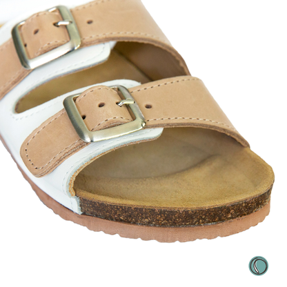 Kenton Sandals | Beigh & White | Slip-On | Leather, Cork, Buckles | Adjustable Straps | MADE TO ORDER