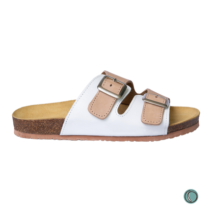 Kenton Sandals | Beigh & White | Slip-On | Leather, Cork, Buckles | Adjustable Straps | MADE TO ORDER
