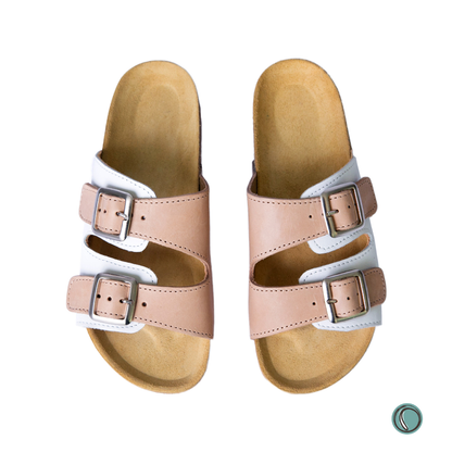 Kenton Sandals | Beigh & White | Slip-On | Leather, Cork, Buckles | Adjustable Straps | MADE TO ORDER