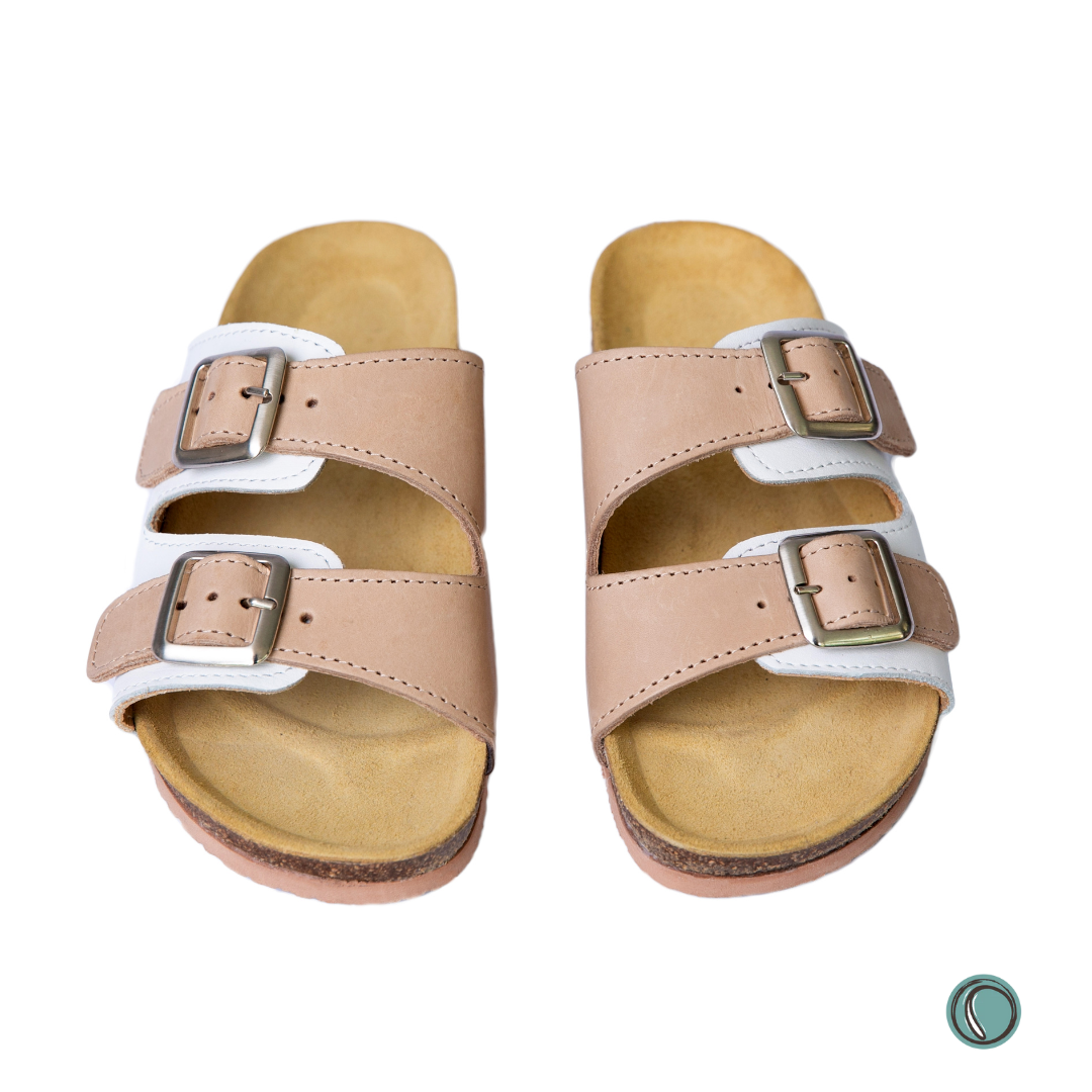 Kenton Sandals | Beigh & White | Slip-On | Leather, Cork, Buckles | Adjustable Straps | MADE TO ORDER