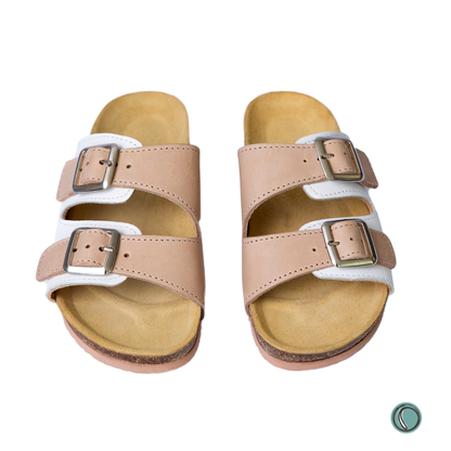 Kenton Sandals | Beigh & White | Slip-On | Leather, Cork, Buckles | Adjustable Straps | MADE TO ORDER