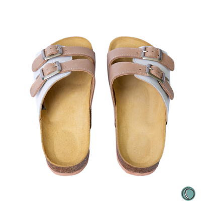 Kenton Sandals | Beigh & White | Slip-On | Leather, Cork, Buckles | Adjustable Straps | MADE TO ORDER