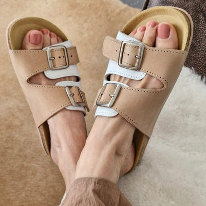 Kenton Sandals | Beige & White | Slip-On | Leather, Cork, Buckles | Adjustable Straps | MADE TO ORDER