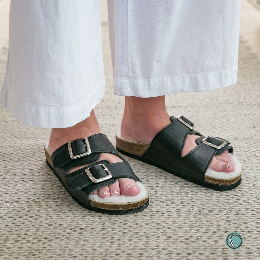 Flockie Sheepskin Sandals | Slip-On | Black | Sheepskin, Leather, Cork, Buckles | MADE TO ORDER