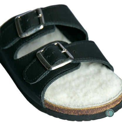 Flockie Sheepskin Sandals | Slip-On | Black | Sheepskin, Leather, Cork, Buckles | MADE TO ORDER