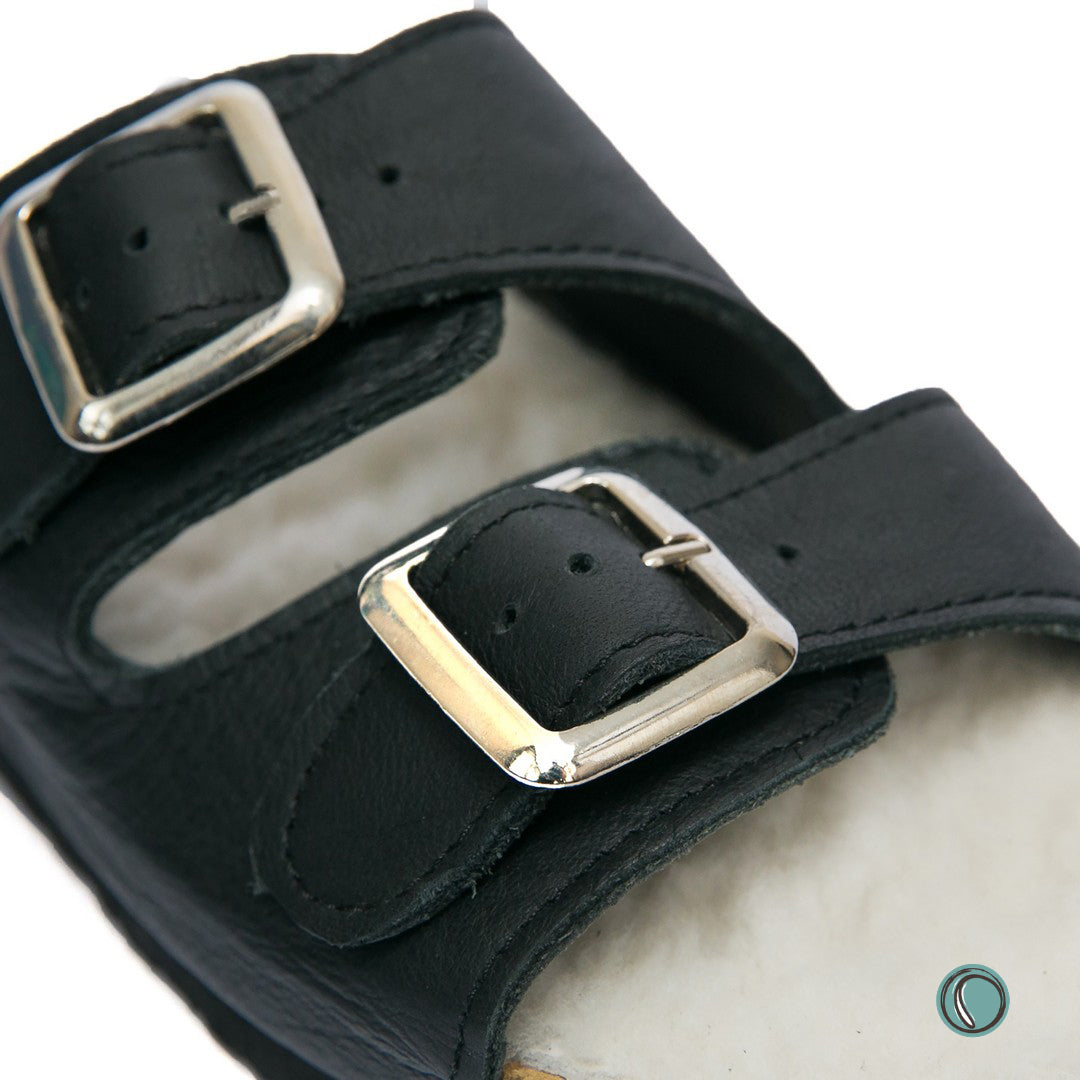 Flockie Sheepskin Sandals | Slip-On | Black | Sheepskin, Leather, Cork, Buckles | MADE TO ORDER