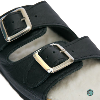 Flockie Sheepskin Sandals | Slip-On | Black | Sheepskin, Leather, Cork, Buckles | MADE TO ORDER