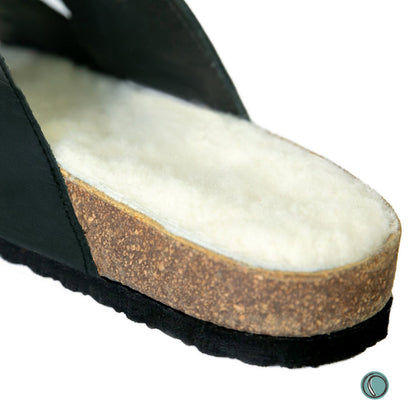 Flockie Sheepskin Sandals | Slip-On | Black | Sheepskin, Leather, Cork, Buckles | MADE TO ORDER