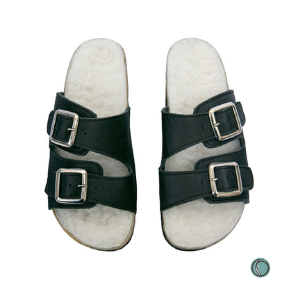 Flockie Sheepskin Sandals | Slip-On | Black | Sheepskin, Leather, Cork, Buckles | MADE TO ORDER