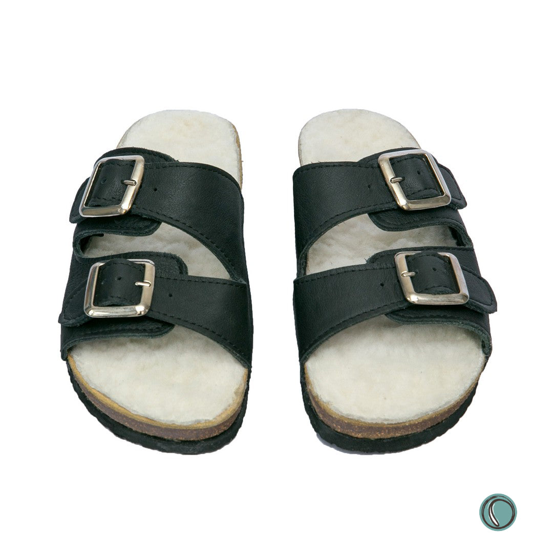 Flockie Sheepskin Sandals | Slip-On | Black | Sheepskin, Leather, Cork, Buckles | MADE TO ORDER