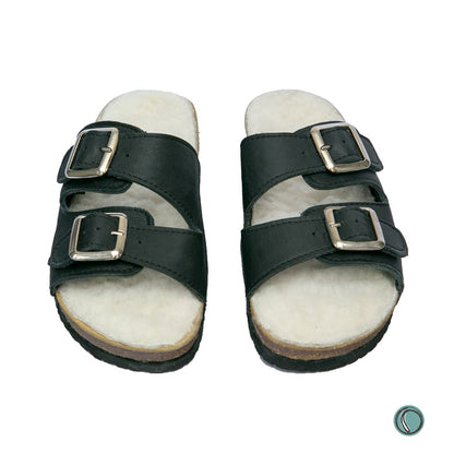 Flockie Sheepskin Sandals | Slip-On | Black | Sheepskin, Leather, Cork, Buckles | MADE TO ORDER