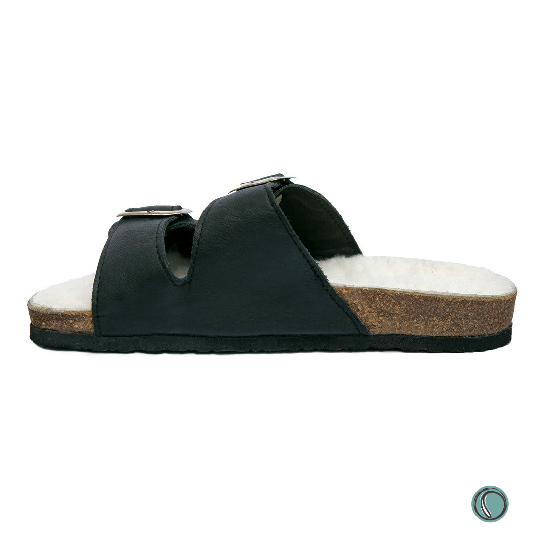 Flockie Sheepskin Sandals | Slip-On | Black | Sheepskin, Leather, Cork, Buckles | MADE TO ORDER