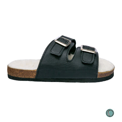 Flockie Sheepskin Sandals | Slip-On | Black | Sheepskin, Leather, Cork, Buckles | MADE TO ORDER