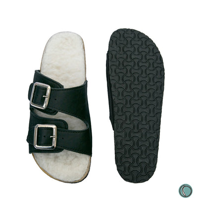Flockie Sheepskin Sandals | Slip-On | Black | Sheepskin, Leather, Cork, Buckles | MADE TO ORDER