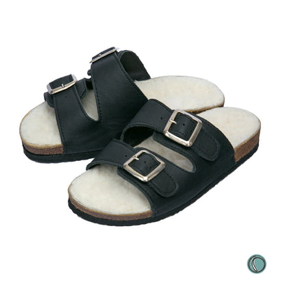 Flockie Sheepskin Sandals | Slip-On | Black | Sheepskin, Leather, Cork, Buckles | MADE TO ORDER