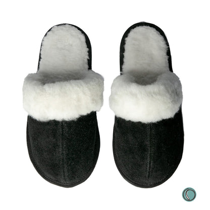Mule Wool Collar Slippers | Slip-On | Black | Suede & Sheepskin | MADE TO ORDER