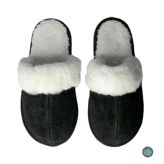 Mule Wool Collar Slippers | Slip-On | Black | Suede & Sheepskin | MADE TO ORDER