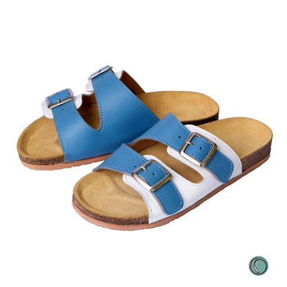 Kenton Sandals | Blue & White | Slip-On | Leather, Cork, Buckles | Adjustable Straps | MADE TO ORDER