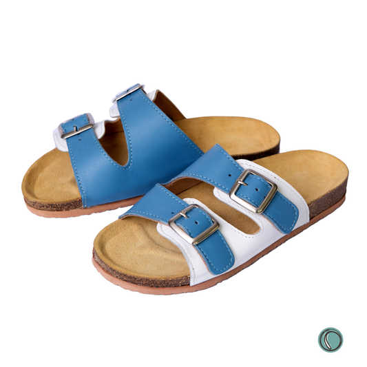 Kenton Sandals | Blue & White | Slip-On | Leather, Cork, Buckles | Adjustable Straps | MADE TO ORDER