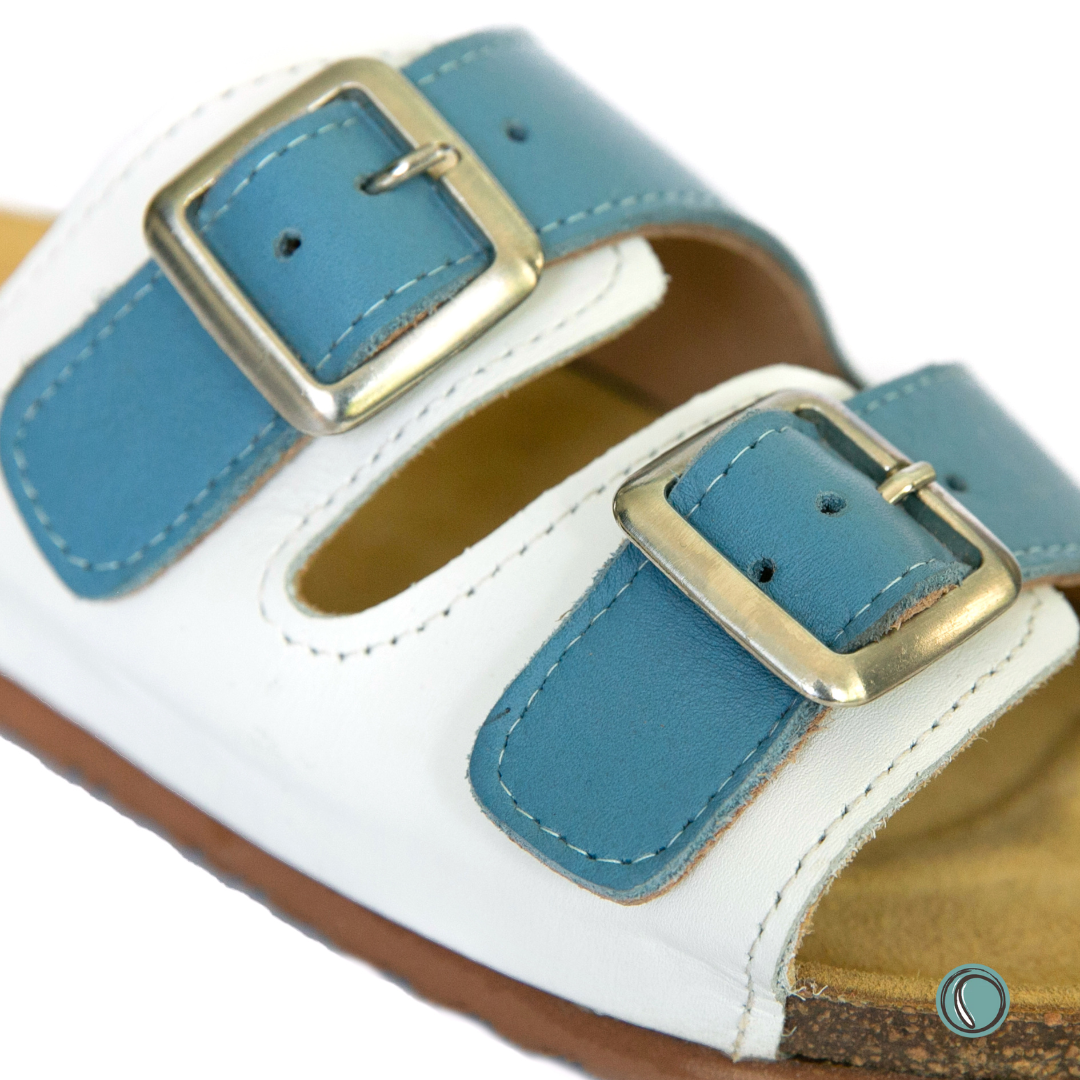 Kenton Sandals | Blue & White | Slip-On | Leather, Cork, Buckles | Adjustable Straps | MADE TO ORDER