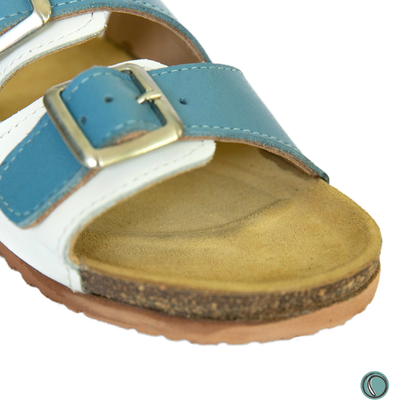 Kenton Sandals | Blue & White | Slip-On | Leather, Cork, Buckles | Adjustable Straps | MADE TO ORDER
