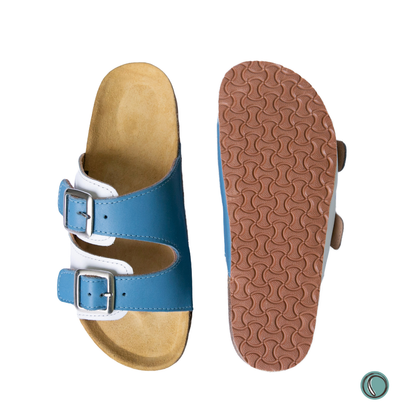 Kenton Sandals | Blue & White | Slip-On | Leather, Cork, Buckles | Adjustable Straps | MADE TO ORDER