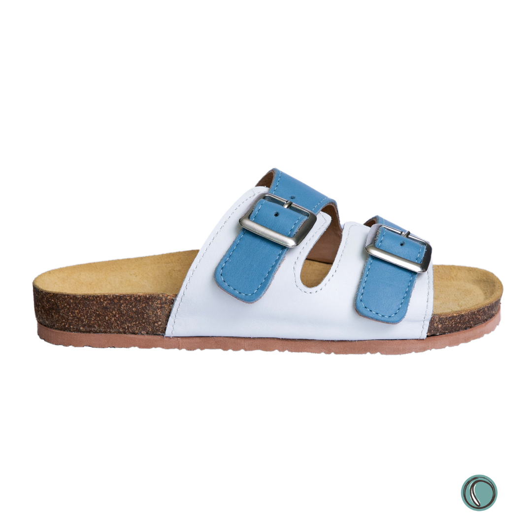Kenton Sandals | Blue & White | Slip-On | Leather, Cork, Buckles | Adjustable Straps | MADE TO ORDER