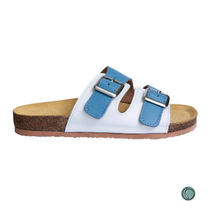 Kenton Sandals | Blue & White | Slip-On | Leather, Cork, Buckles | Adjustable Straps | MADE TO ORDER