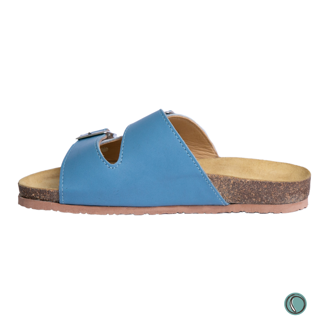 Kenton Sandals | Blue & White | Slip-On | Leather, Cork, Buckles | Adjustable Straps | MADE TO ORDER