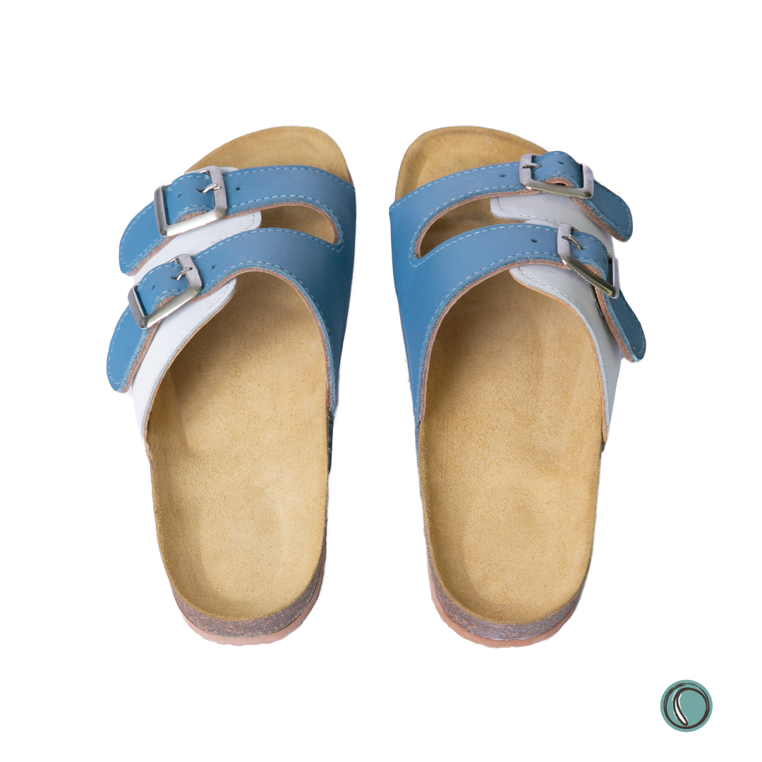 Kenton Sandals | Blue & White | Slip-On | Leather, Cork, Buckles | Adjustable Straps | MADE TO ORDER