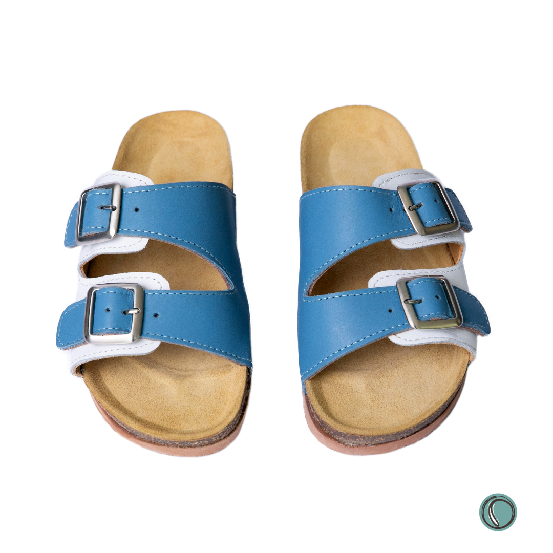 Kenton Sandals | Blue & White | Slip-On | Leather, Cork, Buckles | Adjustable Straps | MADE TO ORDER