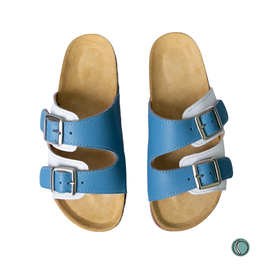 Kenton Sandals | Blue & White | Slip-On | Leather, Cork, Buckles | Adjustable Straps | MADE TO ORDER