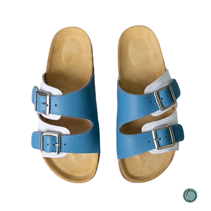 Kenton Sandals | Blue & White | Slip-On | Leather, Cork, Buckles | Adjustable Straps | MADE TO ORDER