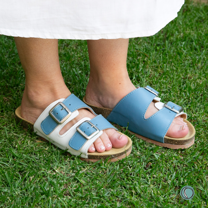 Kenton Sandals | Blue & White | Slip-On | Leather, Cork, Buckles | Adjustable Straps | MADE TO ORDER