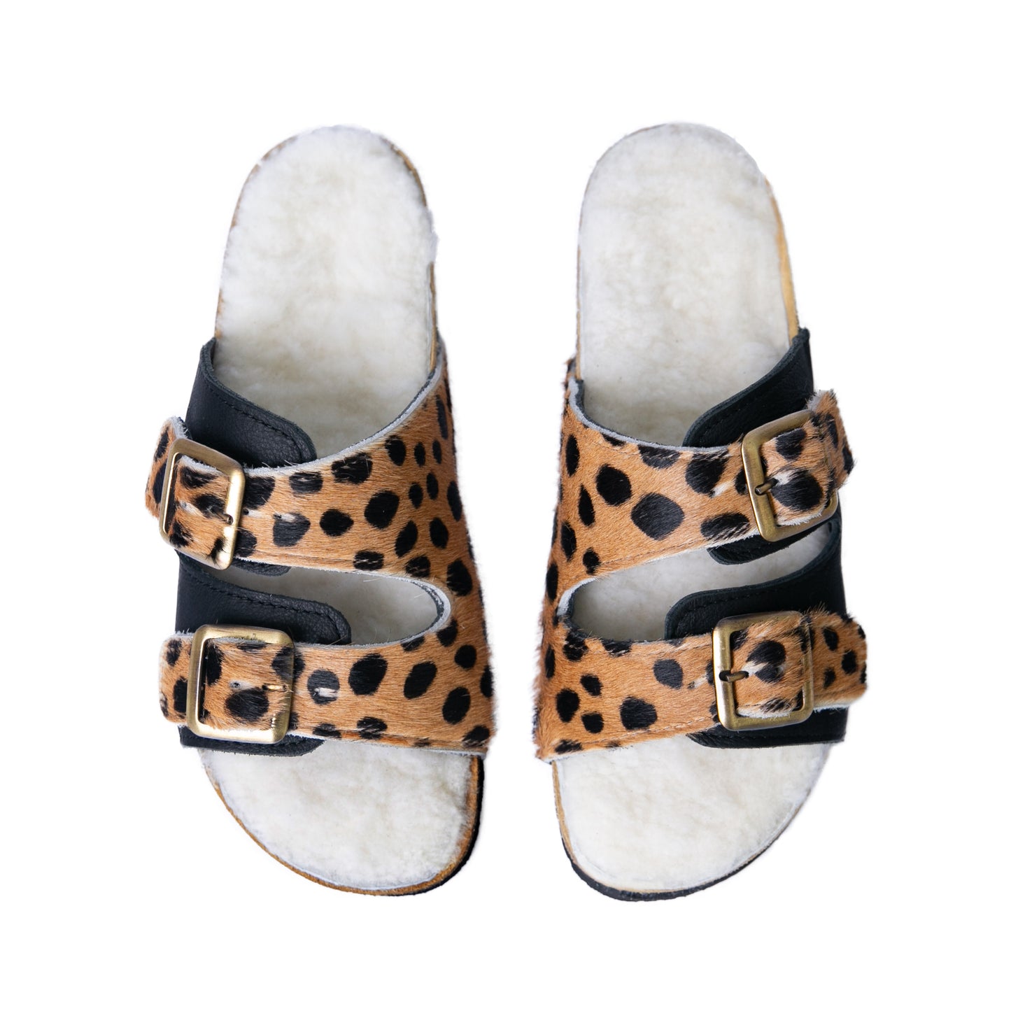 Flockie Sheepskin Slip-On Sandals | Polka Dots On Brown | Sheepskin, Leather, Cork, Buckles | MADE TO ORDER
