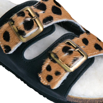 Flockie Sheepskin Slip-On Sandals | Polka Dots On Brown | Sheepskin, Leather, Cork, Buckles | MADE TO ORDER