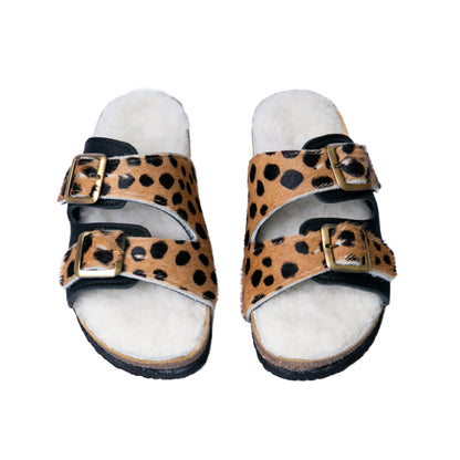 Flockie Sheepskin Slip-On Sandals | Polka Dots On Brown | Sheepskin, Leather, Cork, Buckles | MADE TO ORDER